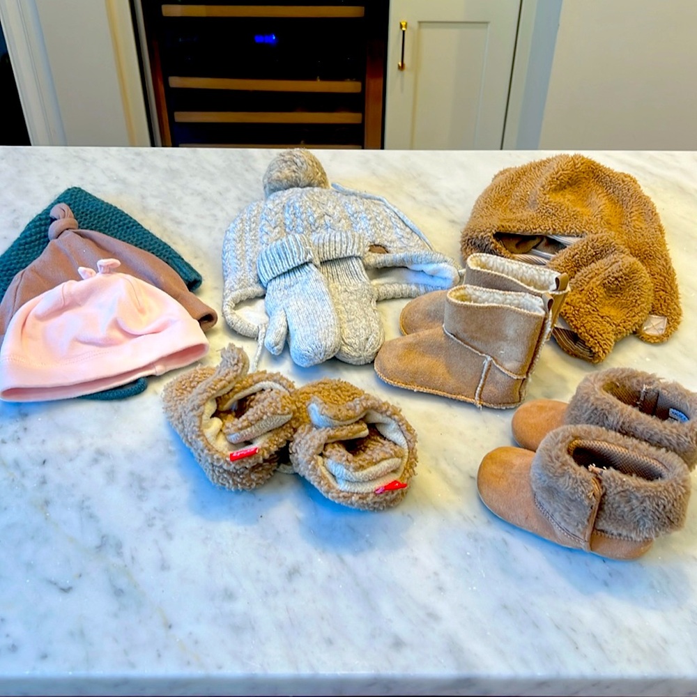 Huge lot of winter accessories for baby including winter hats, mittens, booties
